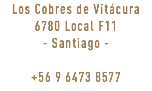 Los Cobres de Vitácura 6780 Local F11 - Santiago - +56 9 6473 8577